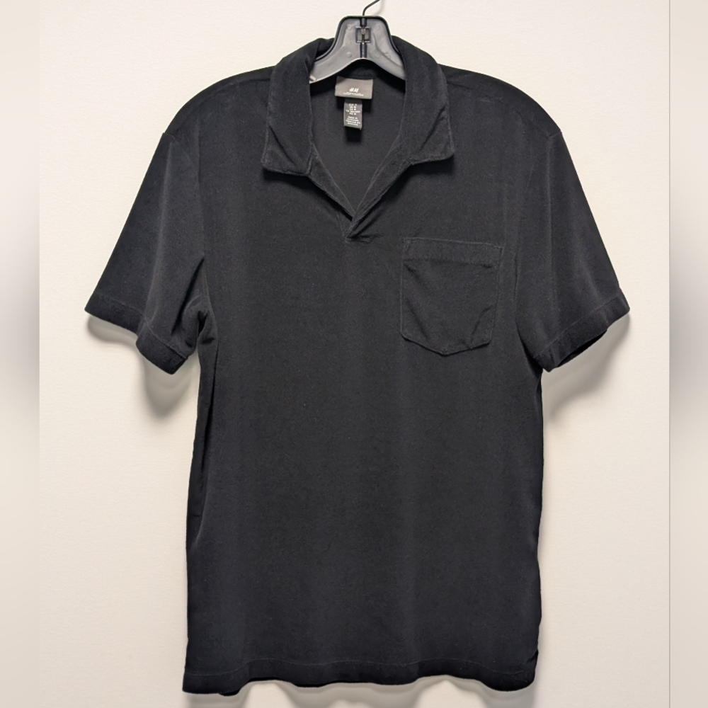 H&M Regular Fit Terry Polo Shirt Black Men's M - Picture 3 of 11